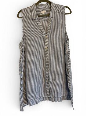 J. Jill Love Linen Blue & White Striped Sleeveless Linen Shirt Sz Large